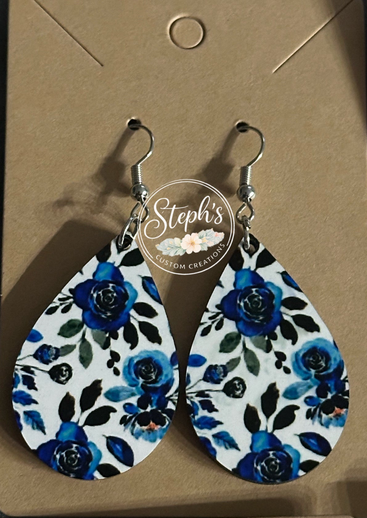 Blue Rose sublimation teardrop earrings.